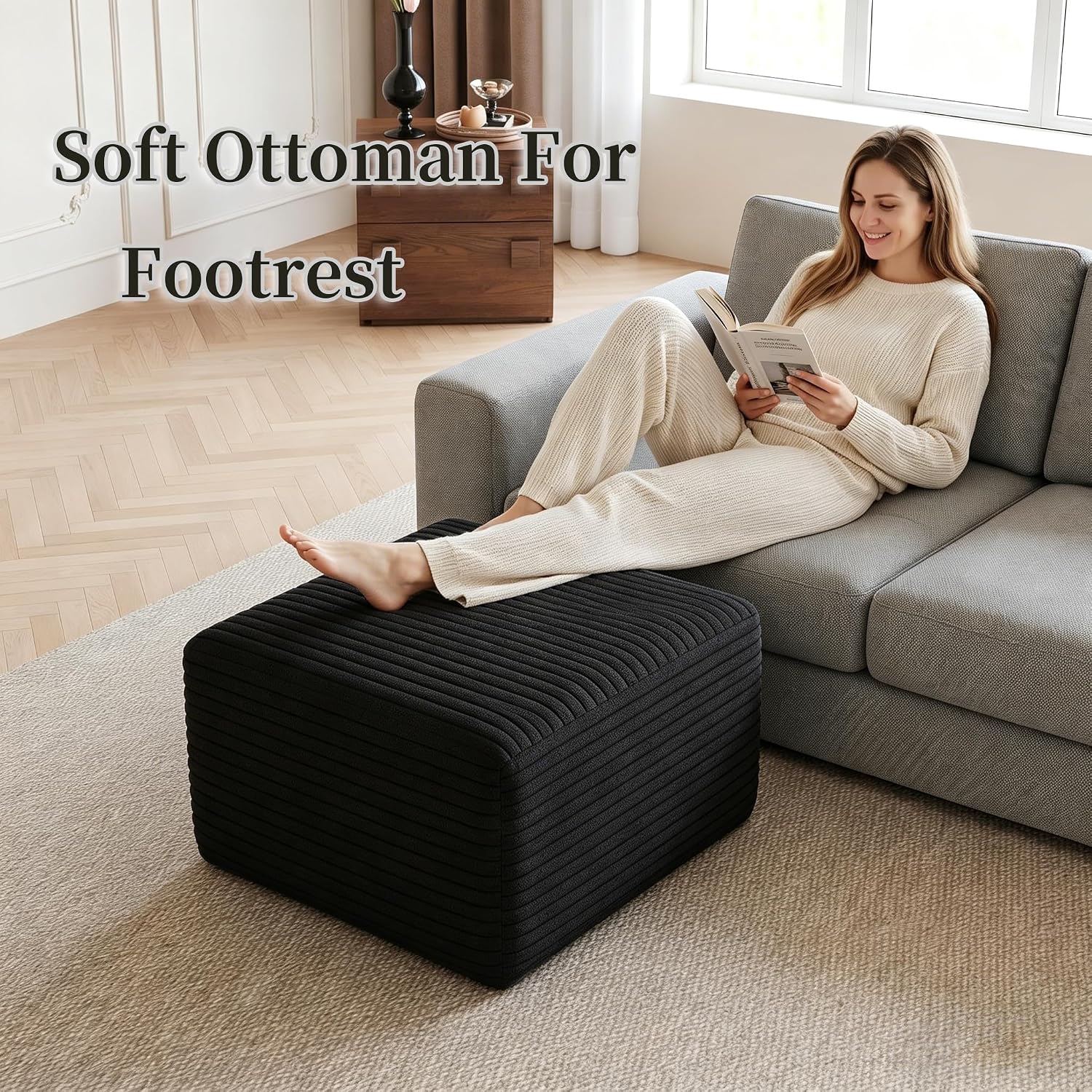 25.6" Corduroy Ottoman Foot Rest,Plush Memory Foam Couch Ottomans,Boneless Compressed Sofa in a Box for Living Room No Assembly Require,Black