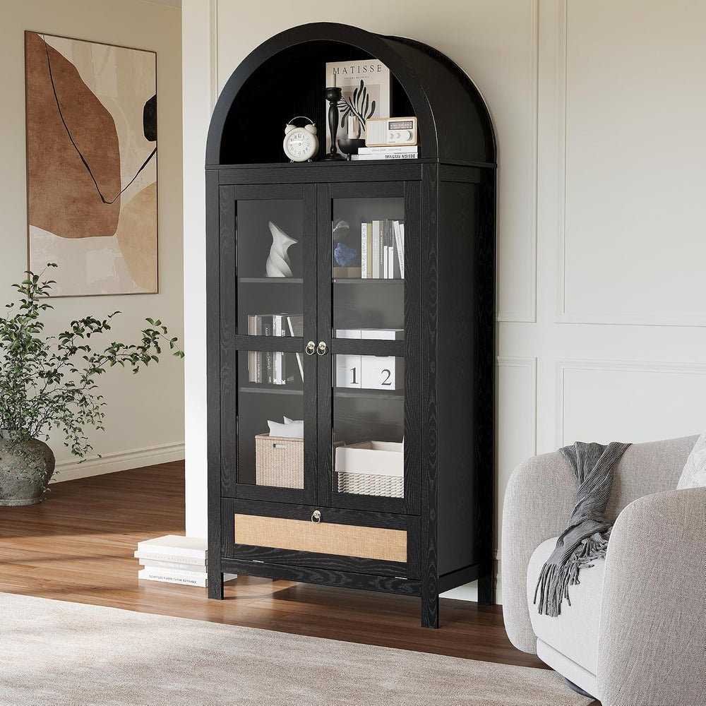 71” Tall Arched Kitchen Pantry Cabinet, Hutch Storage, Black