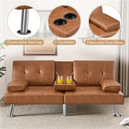 Yaheetech Convertible Sofa Bed Adjustable Couch Sleeper Modern Faux Leather Home Recliner Reversible Loveseat Folding Daybed Guest Bed, Removable Armrests, Cup Holders, 3 Angles, 772lb Capacity, Brown