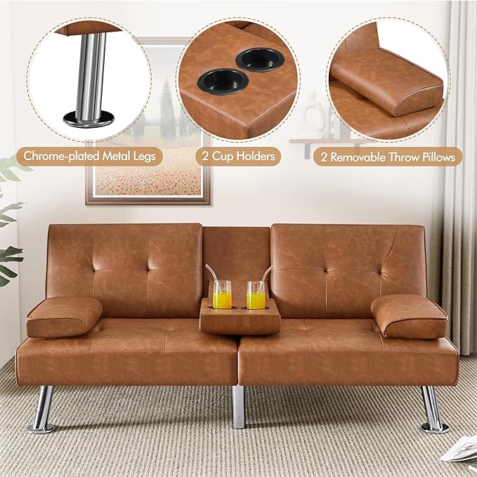 Yaheetech Convertible Sofa Bed Adjustable Couch Sleeper Modern Faux Leather Home Recliner Reversible Loveseat Folding Daybed Guest Bed, Removable Armrests, Cup Holders, 3 Angles, 772lb Capacity, Brown