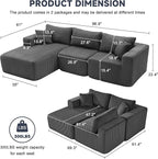 97" Modular Sectional Sofa, L-Shaped Boneless Couch with Deep Seat, Cozy Cloud Couch Sectional with Convertible Ottoman, Modern Sectional Couches for Living Room（ Grey）