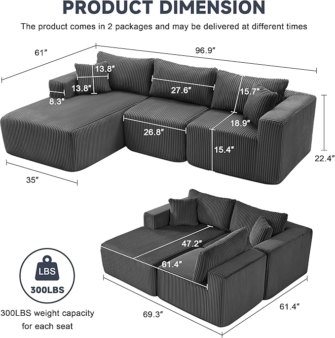 97" Modular Sectional Sofa, L-Shaped Boneless Couch with Deep Seat, Cozy Cloud Couch Sectional with Convertible Ottoman, Modern Sectional Couches for Living Room（ Grey）