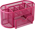 EasyPAG Mesh Pen Holder Desk Organizer with Drawer Stationery Supplies Organizer for Dorm School 9 Compartments Workspace Desk Accessories Organization for Office, Hot Pink