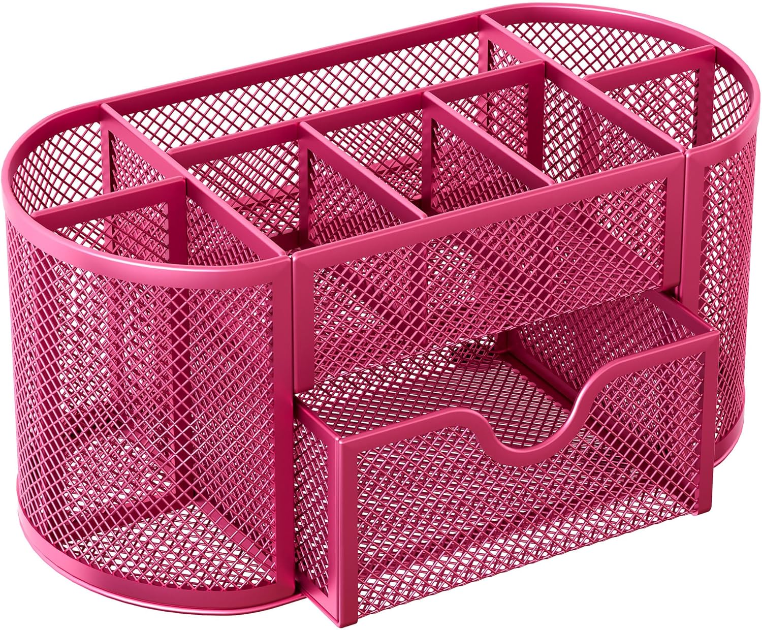 EasyPAG Mesh Pen Holder Desk Organizer with Drawer Stationery Supplies Organizer for Dorm School 9 Compartments Workspace Desk Accessories Organization for Office, Hot Pink