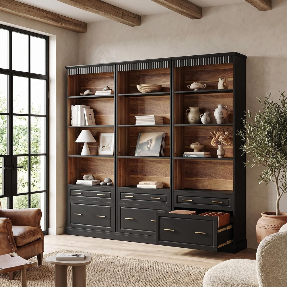 LITTLE TREE 72" Tall Black Bookcase with 2 Drawers, 5-Tier Bookshelf wit...
