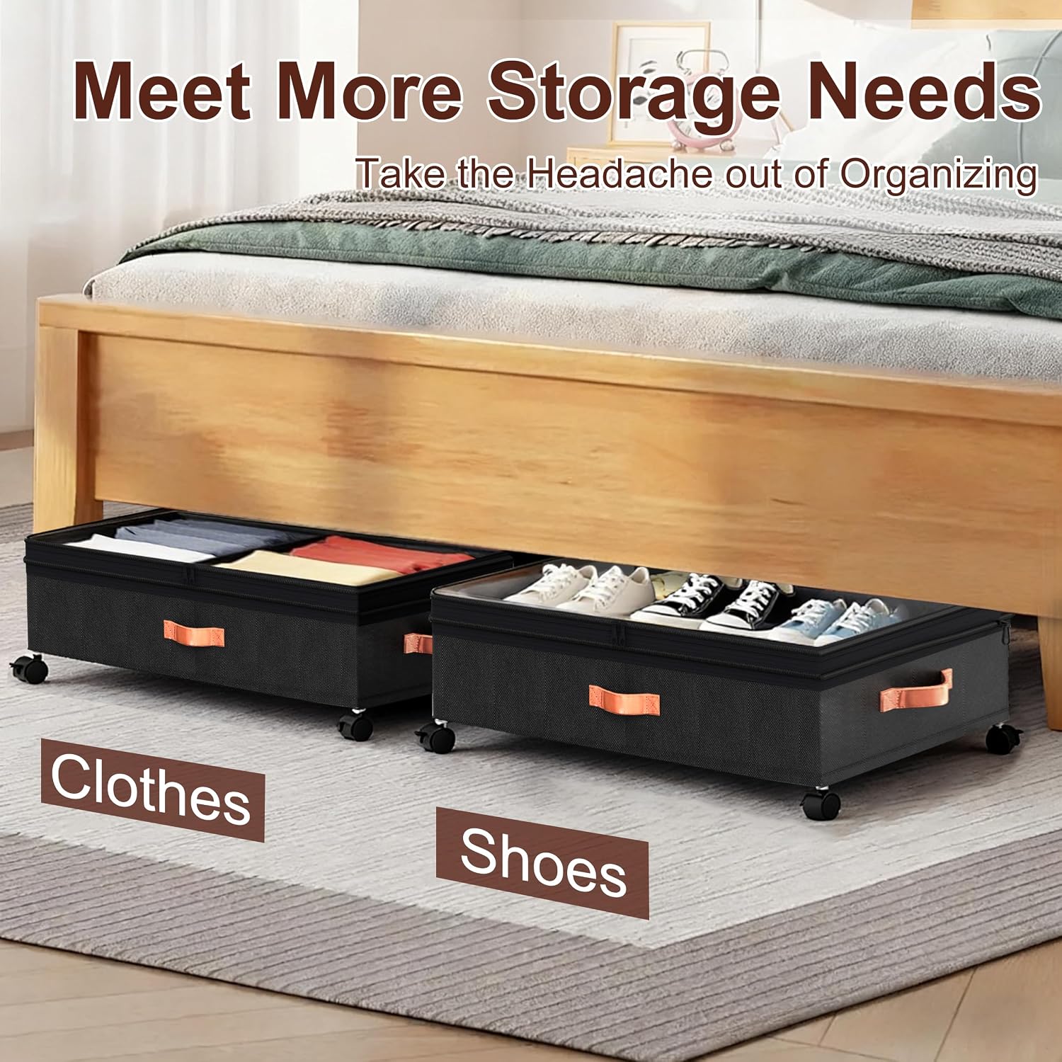 XXL Under Bed Storage with Wheels, 2 Pack 70L Extra Large Rolling Organizer, Heavy-Duty Foldable Storage Container with Lids, Fits 10" Clearance, Black