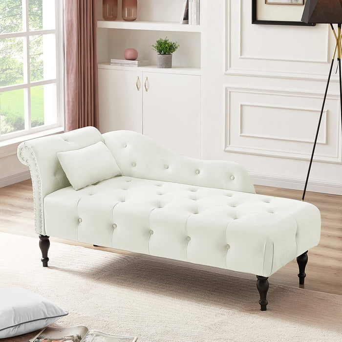 Tufted Upholstered Velvet Rolled Arm Chaise Lounges Indoor Chair, Right Arm Facing Chaise Lounge with Nailhead Trim and 1 Pillow,for Living Room Bedroom Office (White)