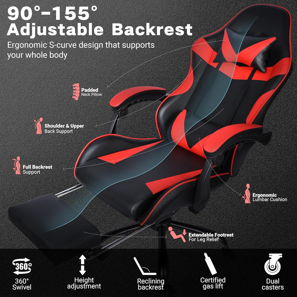 Gaming Chair with Footrest and Lumbar Support, Height Adjustable Chair with 3...