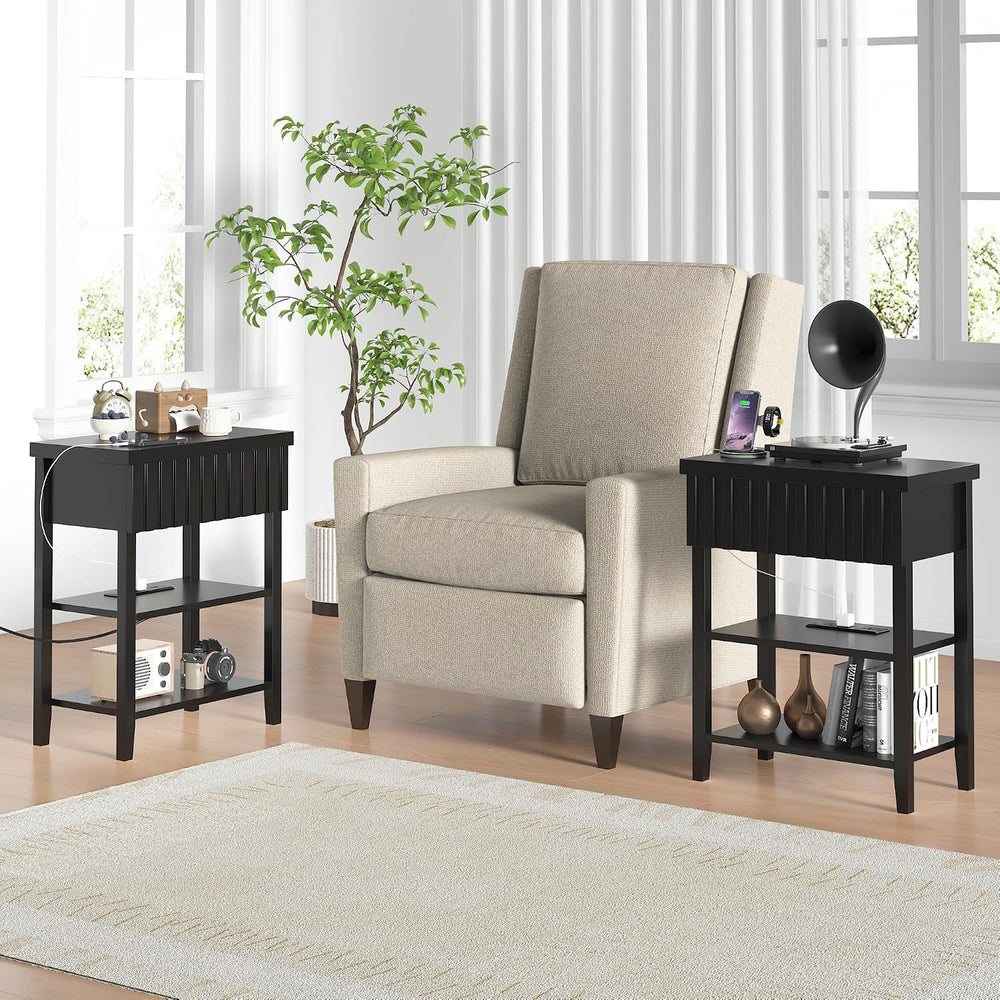 3imothrix Narrow End Table with Charging Station, Fluted Side Table with Draw...
