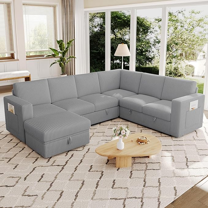 106.7" Sectional Sleeper Sofa with Pull Out Couch, Modern 7 Seat U Shaped Modular Couch, Sectionals Modular Sofa with Storage, Comfy Corduroy Couches Sectional for Living Room & Apartment, Gray