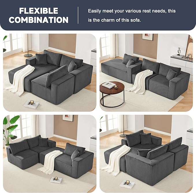 97" Modular Sectional Sofa, L-Shaped Boneless Couch with Deep Seat, Cozy Cloud Couch Sectional with Convertible Ottoman, Modern Sectional Couches for Living Room（ Grey）