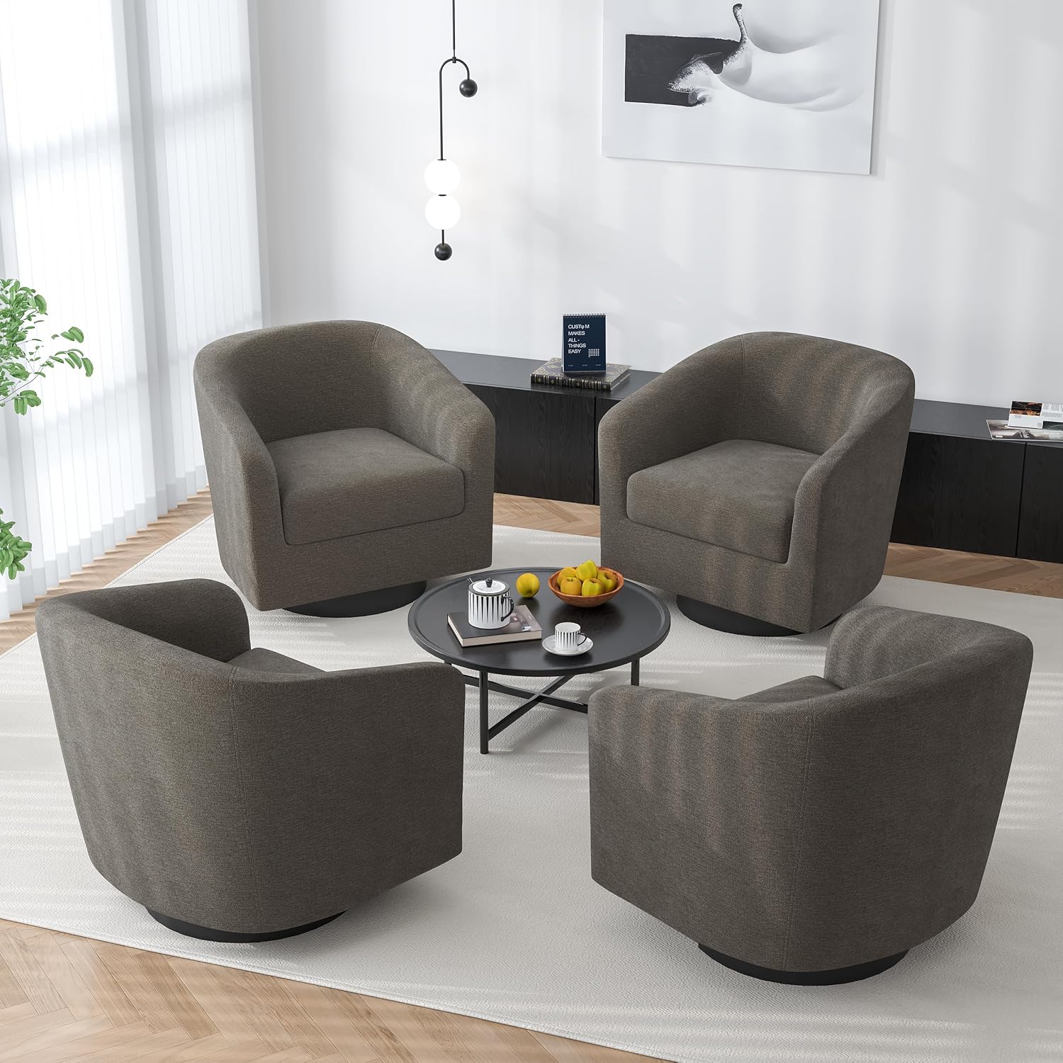 Swivel Barrel Accent Chair, Comfy Reading Armchair, Tan, Set of 4 | Low-Back Design | 360° Swivel | Solid Wood Frame | High-Density Foam Seat | Modern Round Style | For Living Room & Bedroom