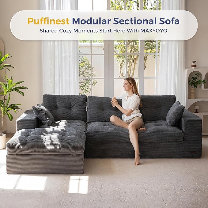 MAXYOYO 104" L Shaped Modular Sectional Sofa with Ottoman, Cloud Boneless Couch with Layered Cushion, Upholstered Sofa in a Box, Flexible Module Combination for Living Room, No Assembly, Dark Grey