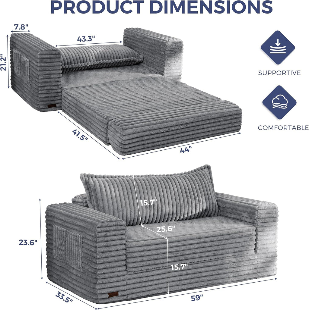 MAXYOYO Convertible Sofa Bed, Pull-Out Loveseat Couch Bed for Small Space | 2 in 1 Folding Couch Bed with Large Back Pillow, Plush Faux Fabric Lounge Couch for Living Room, Apartment, Grey