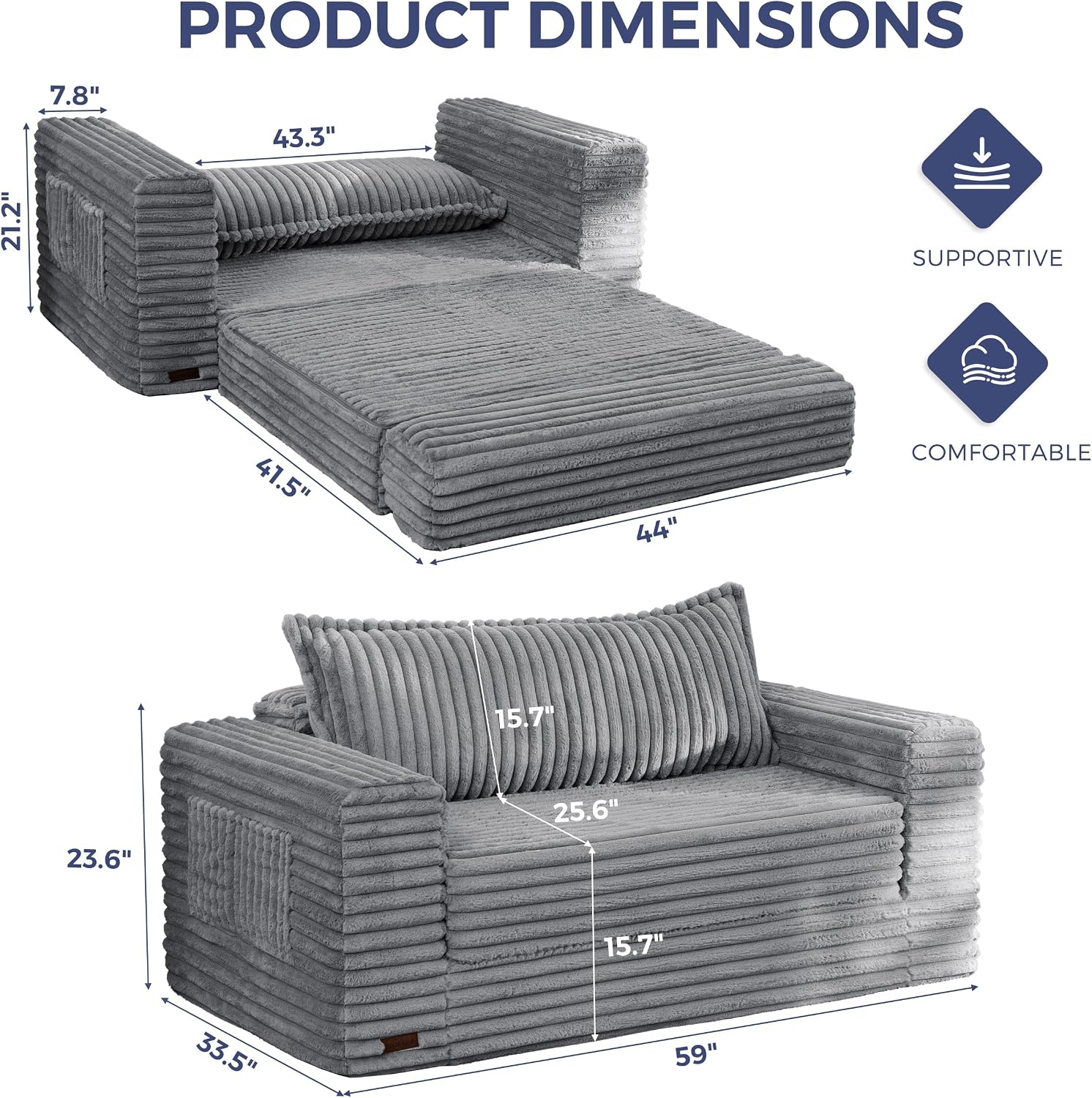 MAXYOYO Convertible Sofa Bed, Pull-Out Loveseat Couch Bed for Small Space | 2 in 1 Folding Couch Bed with Large Back Pillow, Plush Faux Fabric Lounge Couch for Living Room, Apartment, Grey