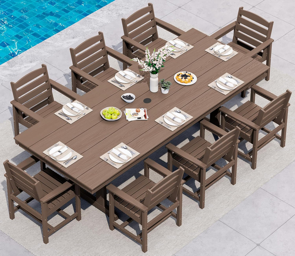 SERWALL 9Pcs 84" HDPE Outdoor Dining Set for 8 with Armchairs,Brown