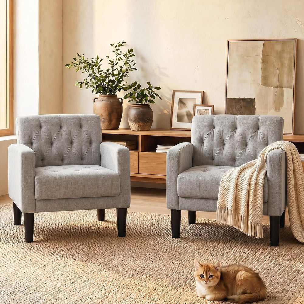 Tufted Accent Chairs Set of 2, Upholstered Armchairs for Living Room