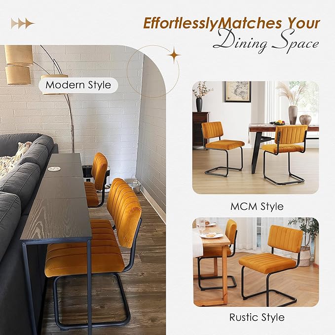 ONEVOG Velvet Dining Chairs Set of 2, Upholstered Kitchen Dining Room Chair, Comfy Chair with Black Metal Legs, Cantilevered Design Chair for Bedroom, Living Room (Orange)