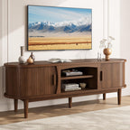 Decofy 63" Fluted TV Stand for TVs Up to 70" with Charging Station, Walnut | Mid Century Modern Built-in Charging Station Sliding Tambour Doors Adjustable Shelves Entertainment Center Solid Wood Legs