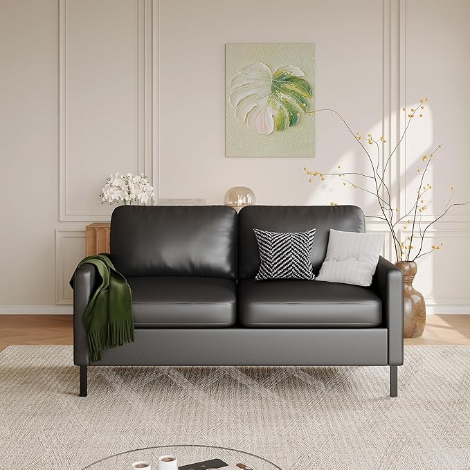 STHOUYN 56" W Faux Leather Loveseat w/ 2 USB, Black Love Seat w/Side Pockets, Small Loveseat for Small Space, Leather Couch for Bedroom, Apartment, Dorm, Black