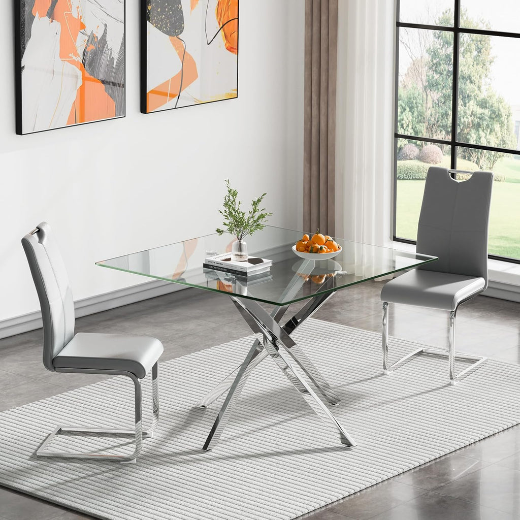 HomVent 3Pcs Square Glass Dining Table Set for 2 with 2 Grey Leather Chair | 36''Silver Glass Dining Room Table Set Kitchen Table Chair Set of 2,Dinner Table Dining Set with Glass Top for Home Kitchen
