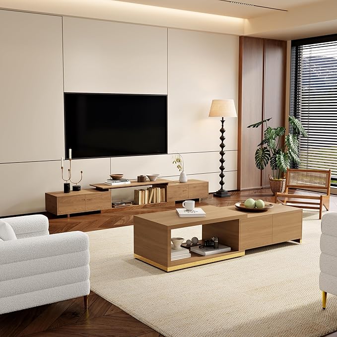 homary Extendable TV Stand for 65–85 Inch TVs, Modern Adjustable Media Console with Storage Drawers, Walnut Entertainment Center for Living Room & Bedroom