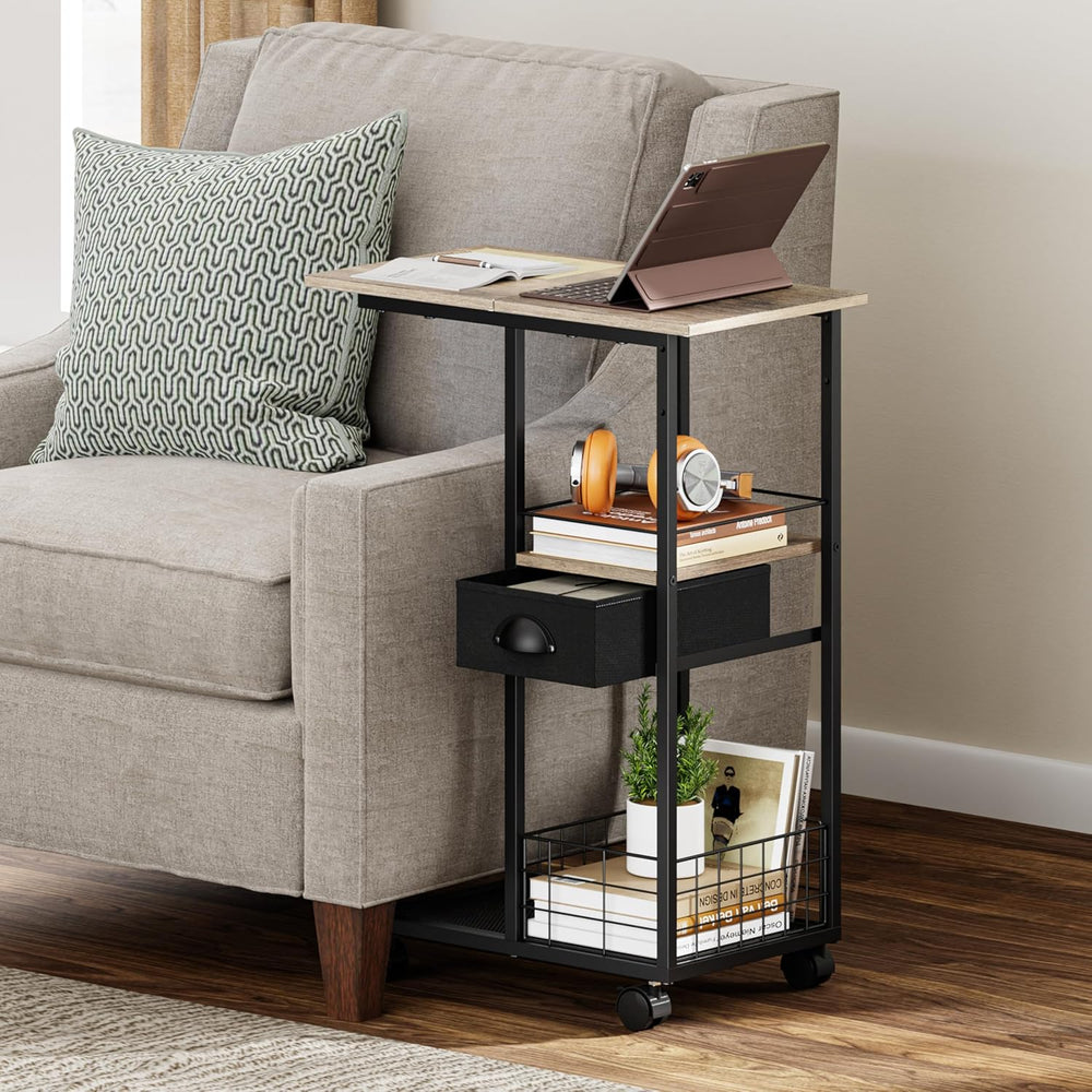 Rolling C Shaped Side Table with Storage Drawer, Ivory Portable Desk on Wheel...