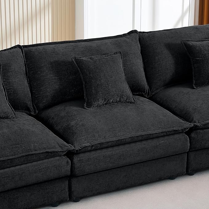 Ball & Cast 3 Seater Modular L Shaped Sectional Sofa with Movable Ottoman and 4 Pillows,Comfy Cloud Couch W/Deep Seat,DIY Combination,Chenille Upholstered Sofa for Living Room,Apartment,Black,105"