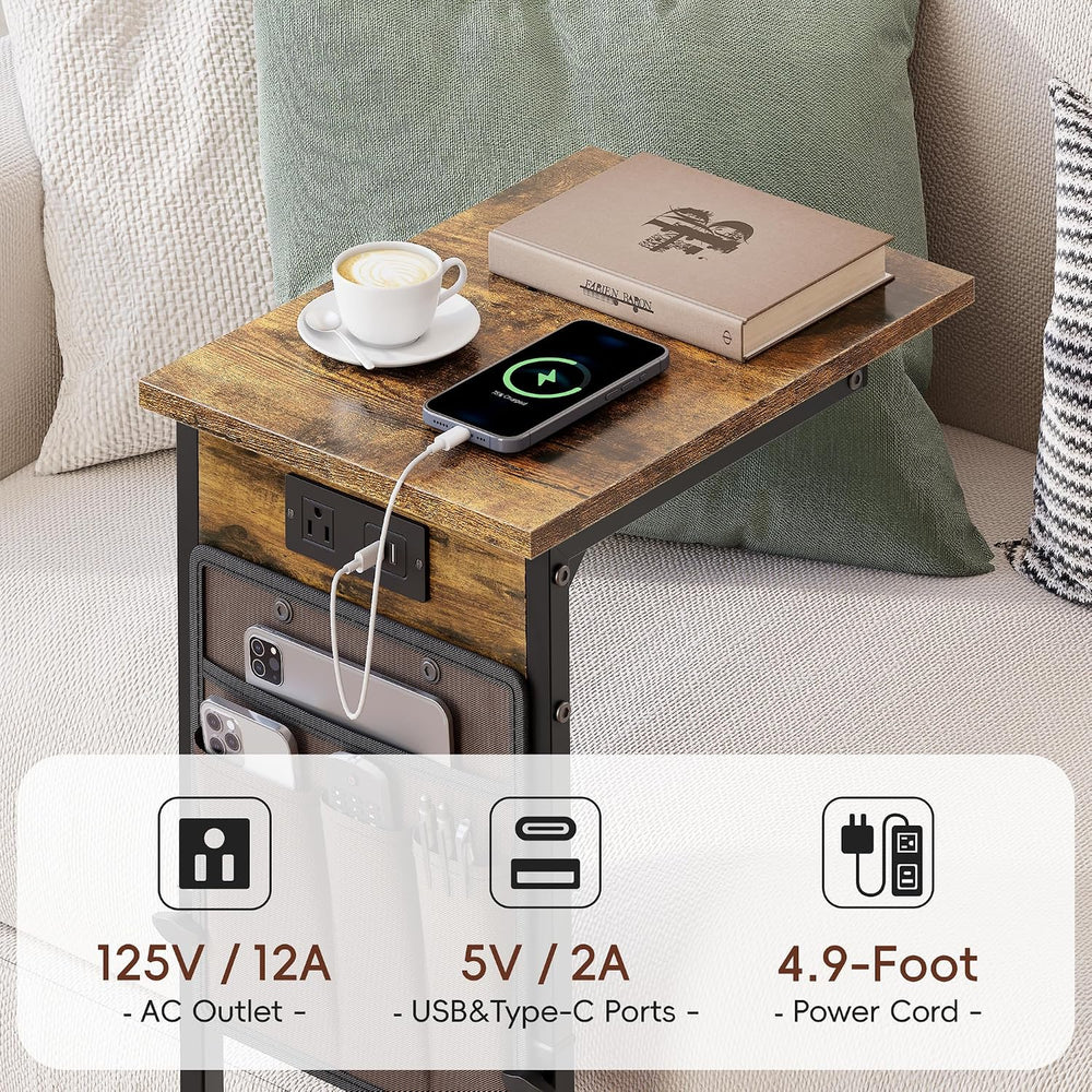 Vagusicc C Shaped End Table with Charging Station, Adjustable Height Side Tab...