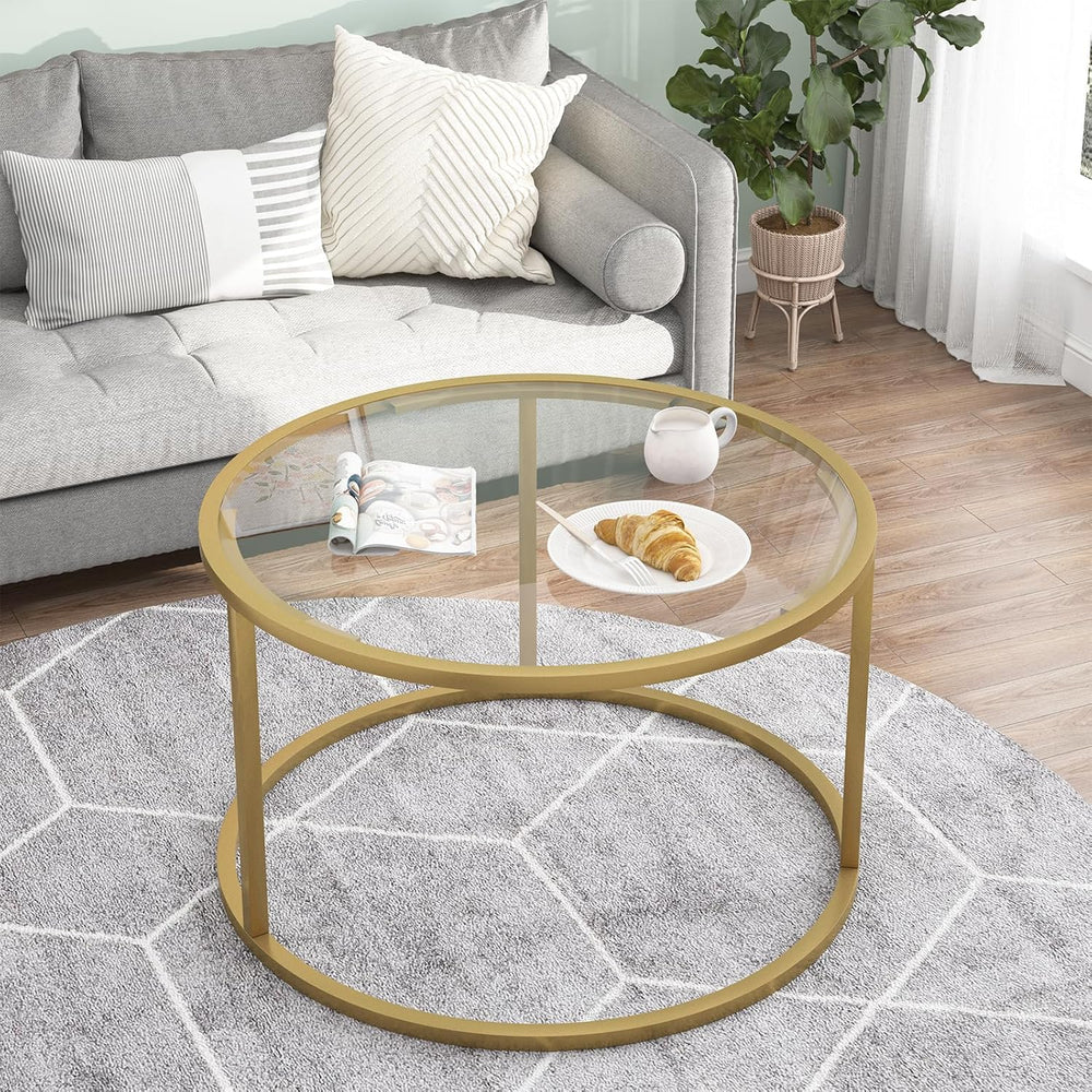 Glass Coffee Table,Round Gold Coffee Table for Small Space,27" Modern Ce...