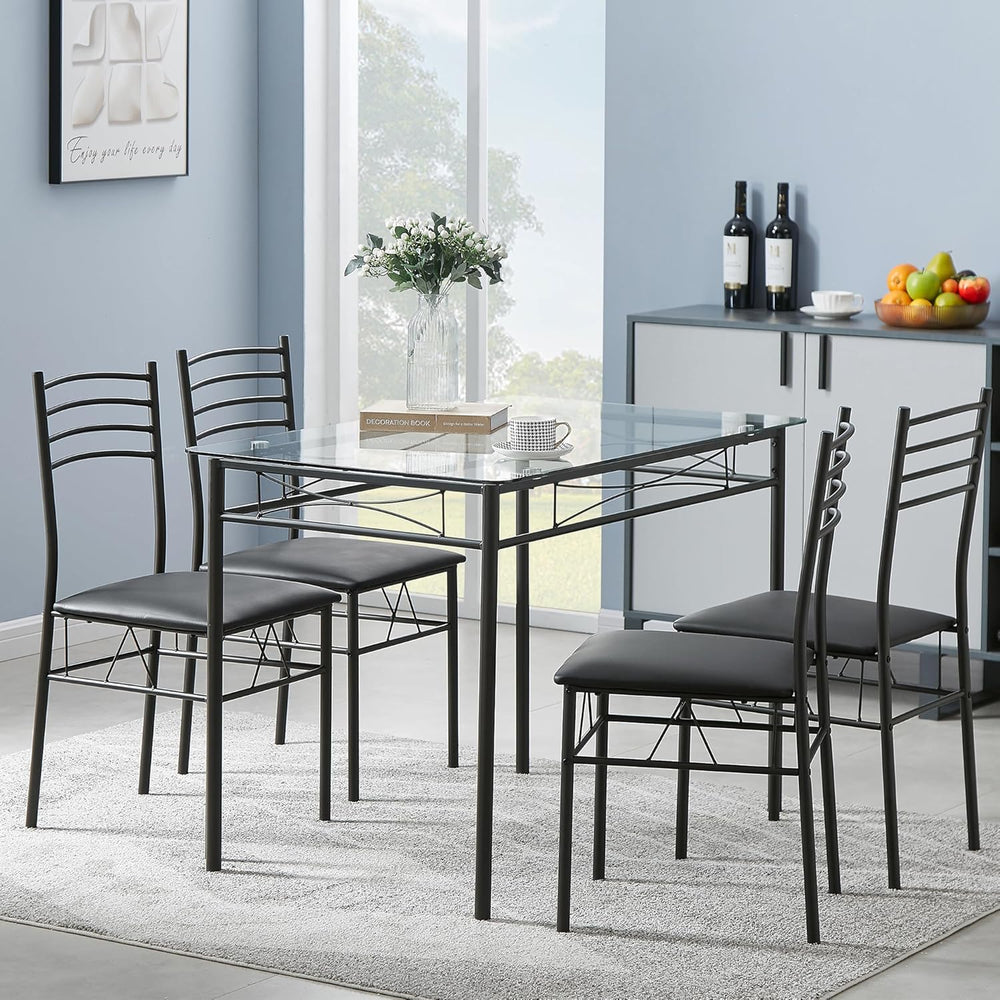 VECELO Dining Table Set for 4, 5-Piece Glass Kitchen Table with Upholstered P...
