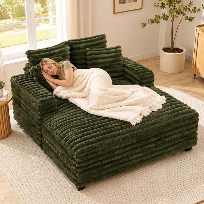 TUNYI Oversized Chaise Lounge Chair Indoor, Faux Fur Upholstered Sofa Bed with Wood Frame, Sleeper Couch Throw Pillow and Armrest for Living Room, Movie Room, Bedroom, Guest Room (Green)