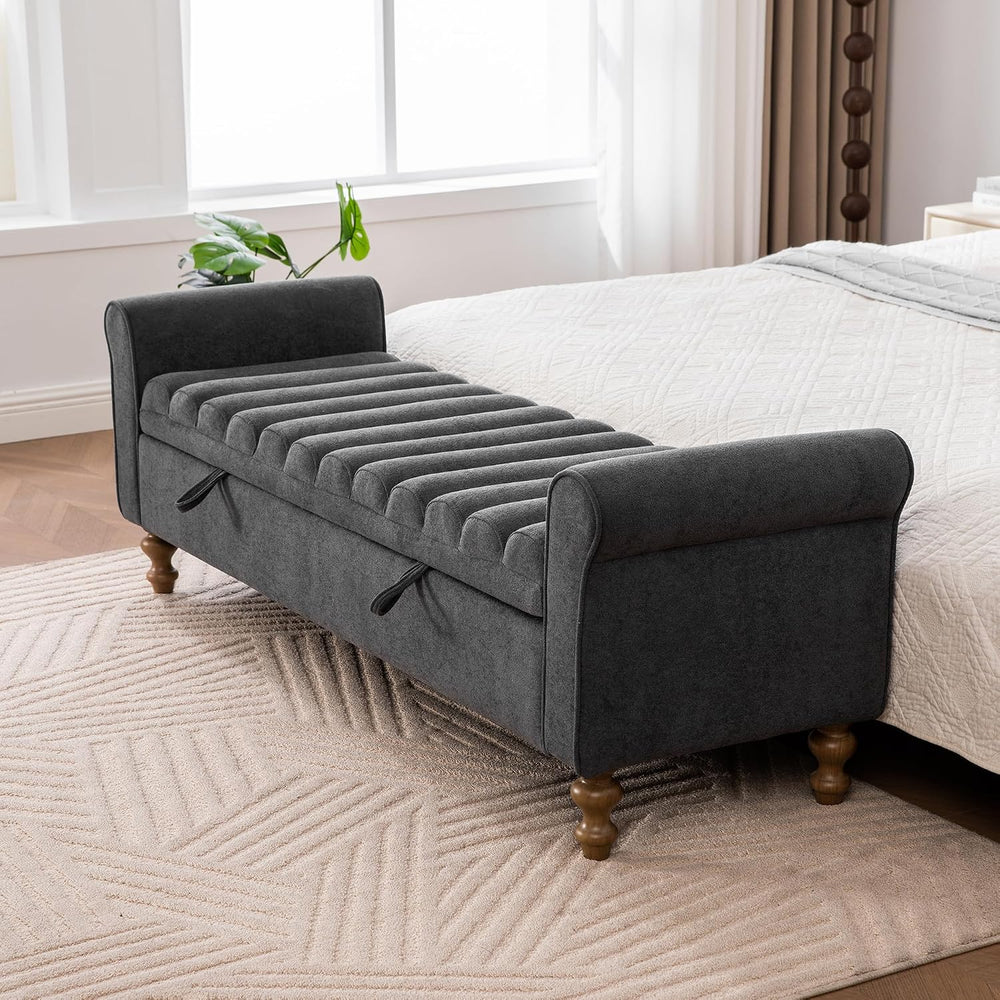 65" Bench with Storage, End of Bed Bench with Rolled Arms, Upholstered B...