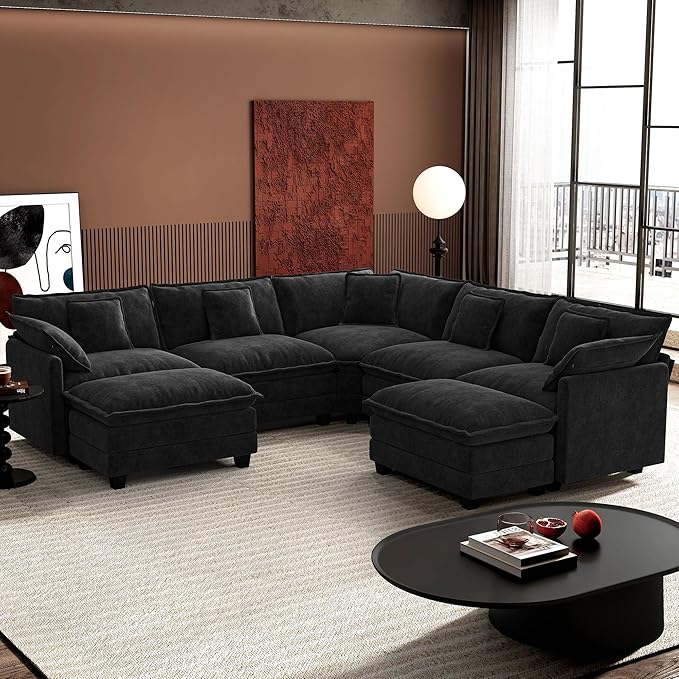 Ihanherry 114" V-Shaped Modern Sofa Modular Sectional Cloud Couch with 2 Ottoman, 7-Seat Chenille Deep Seat Sofa with Corner Section for Living Room, Bedroom and Apartment, Black