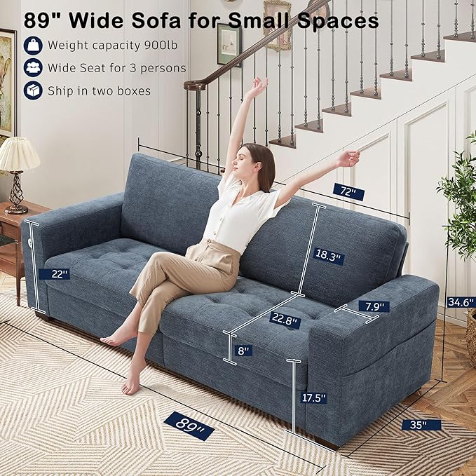 Hanherry 89" Sofa for Living Room, Modern Comfy Couch with Medium Firm Seat Cushion, Removable Cover,Wide Armrest,USB/Type-C Port,Chenille Fabric Couches for Small Space,Apartment