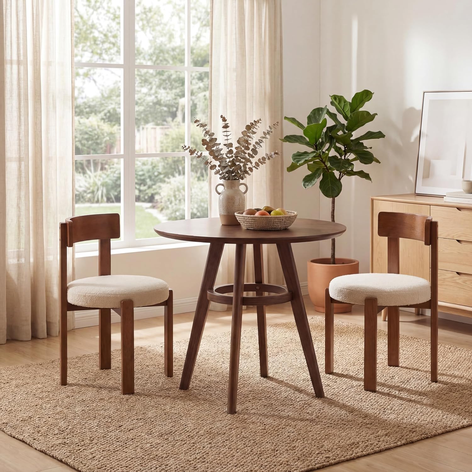 COSTWAY Wooden Dining Chairs Set of 4, Armless Upholstered Kitchen Chairs w/Curved Back & Teddy Fleece Padded Seat, Mid-Century Modern Accent Side Chair for Dining Room & Nooks, Small Space (Brown)