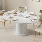 43.3 inch 59 inch Adjustable Size Round Dining Table for 4 6, Unique Design Modern Farmhouse Kitchen Table, Circle Dining Tables with Wood Strip Base for Kitchen Living Room (White)