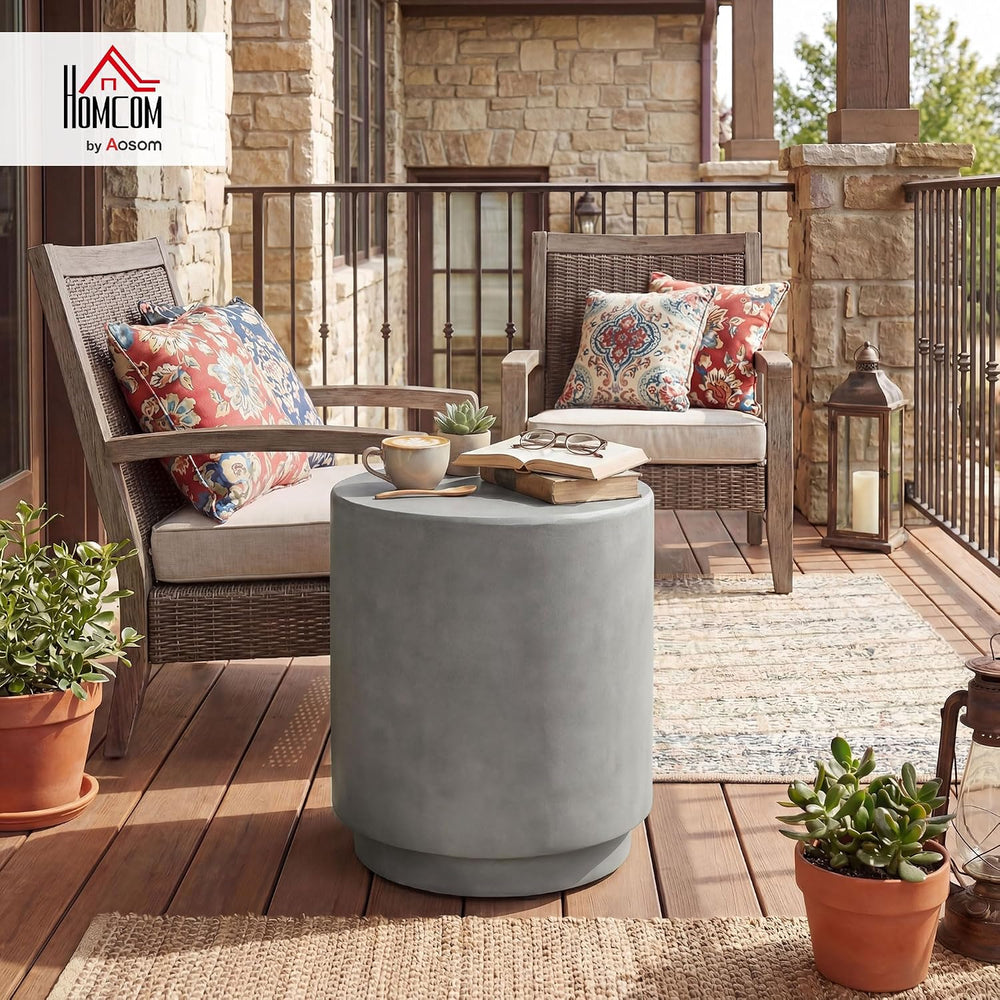 HOMCOM Outdoor Side Table Round Small End Table Concrete Finish Light Gray