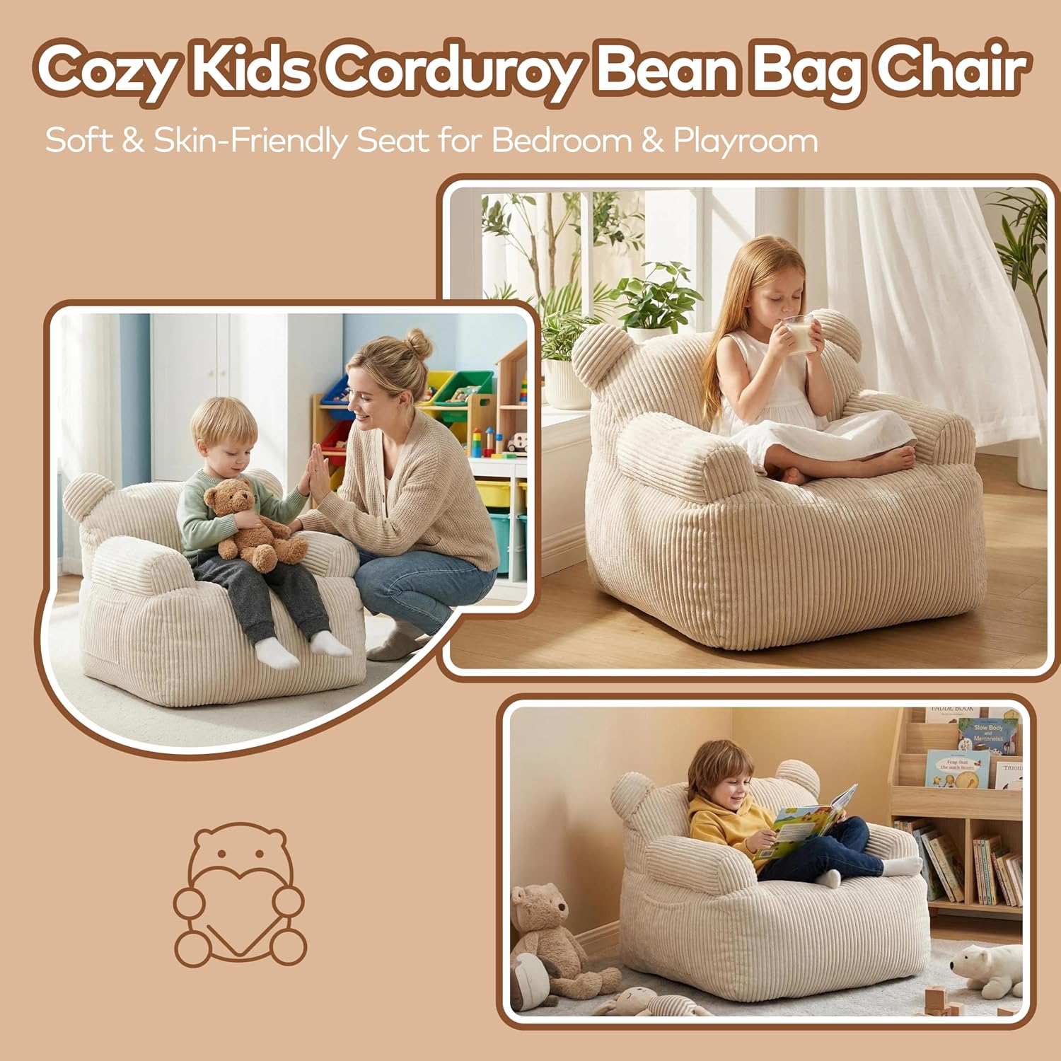 Kids Bear Ear Bean Bag Chair, Stuffed Toddler Sofa Chair with Pocket, Lazy Floor Chair for Boys and Girls, for Gaming, Reading, Nursery Playroom Bedroom