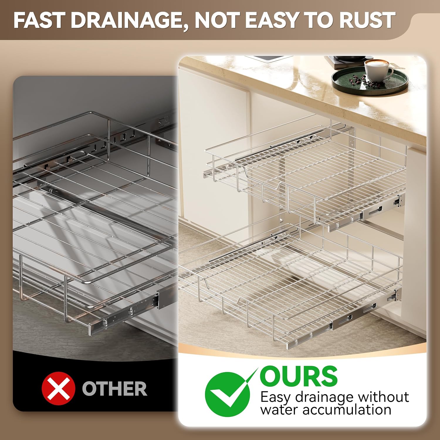 2 Tier Pull Out Cabinet Organizer 24" W X 22" D, Chromed, Full Slide Out | For Kitchen Organizers and Storage, Pull Out Drawers For Cabinets Capacity Heavy Duty Caddy, Cabinet Shelves, Bathroom Pantry