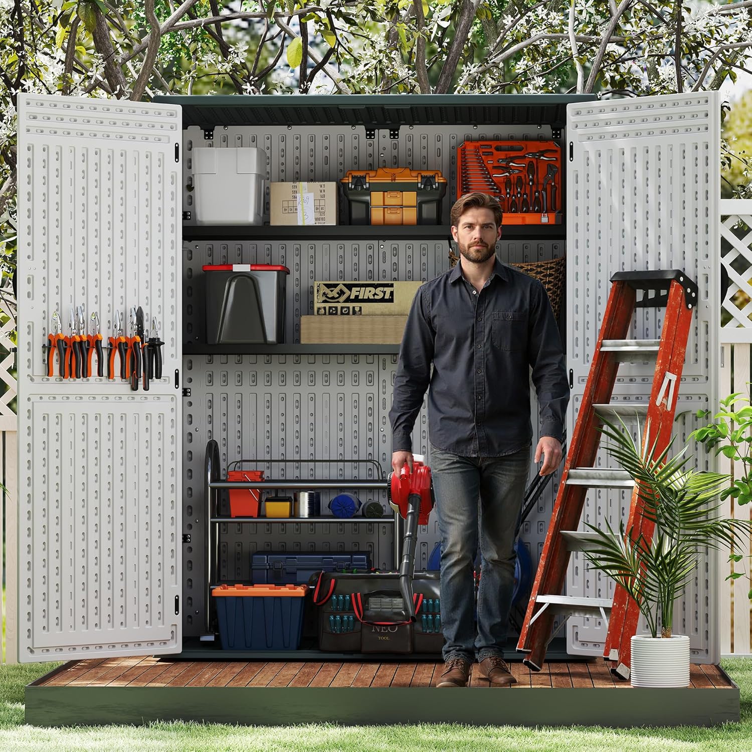 EHHLY 60 Cuft Outdoor Storage Shed Shelf, Outdoor Storage Cabinet Metal Shelves for 4.5x2.3 Ft Shed, Vertical Resin Storage Shed Accessories, Black