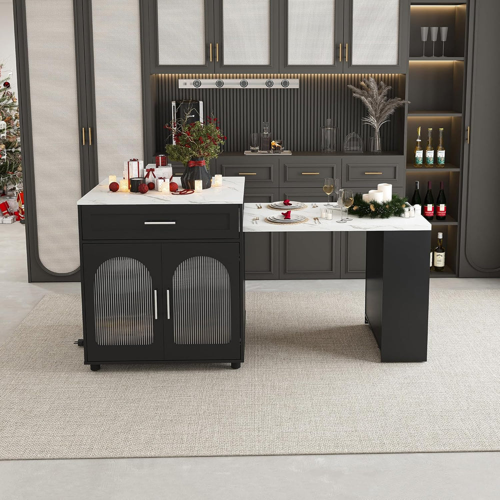 80-inch Expandable Kitchen Island with Dining Table, Marble-Grain Countertop ...