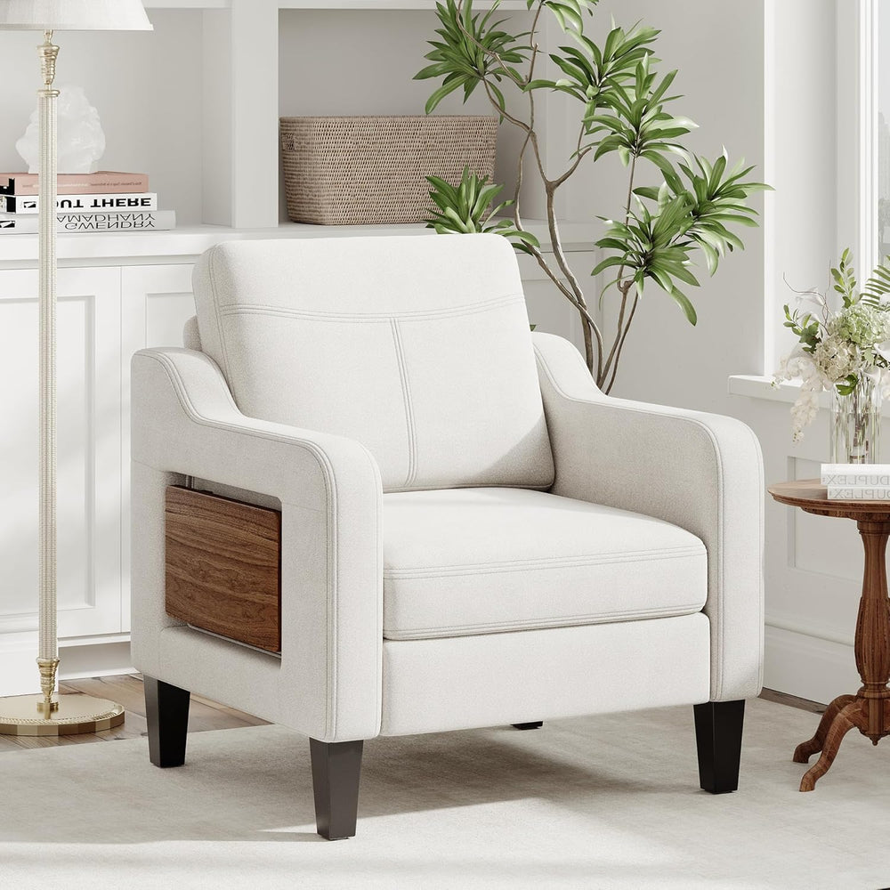Upholstered Accent Chair with Foldable Side Table for Living Room | 2 Side Po...