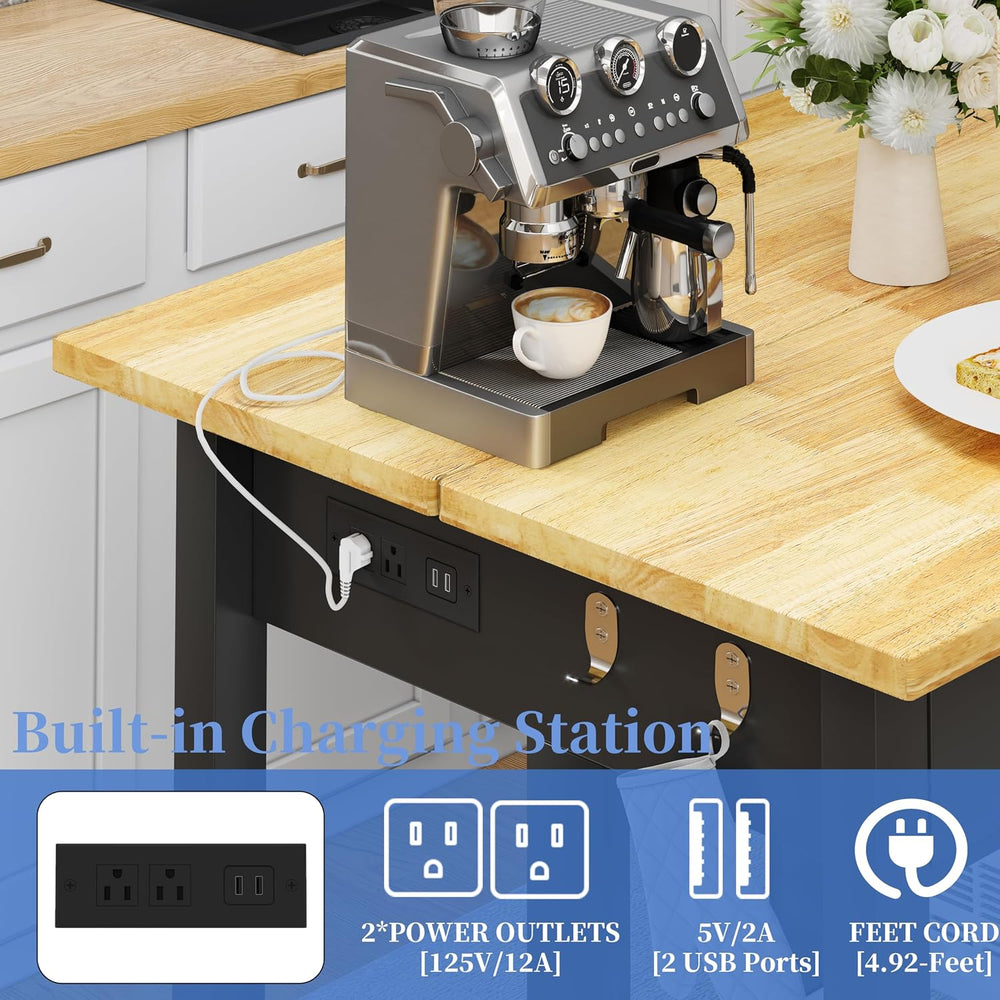 DynJest 60" Solid Rubberwood Kitchen Island with Power Outlets - Extra L...