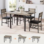 Dining Table Set for 4, Extendable Kitchen Table with 4 PU Leather Upholstered Dining Room Chairs, Wood Kitchen Table Set with Built-in Storage Rack for Dining & Small Spaces, Grey