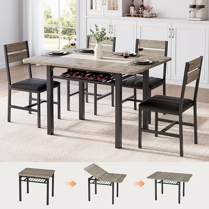 Dining Table Set for 4, Extendable Kitchen Table with 4 PU Leather Upholstered Dining Room Chairs, Wood Kitchen Table Set with Built-in Storage Rack for Dining & Small Spaces, Grey