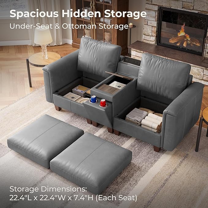 SITJOY 79" Faux Leather Modular Sectional Sofa with Storage, Mid Century Modern Sectional Couches for Living Room, 2 Seat Loveseat Couch and Console Table, Hidden Cupholders, Gray