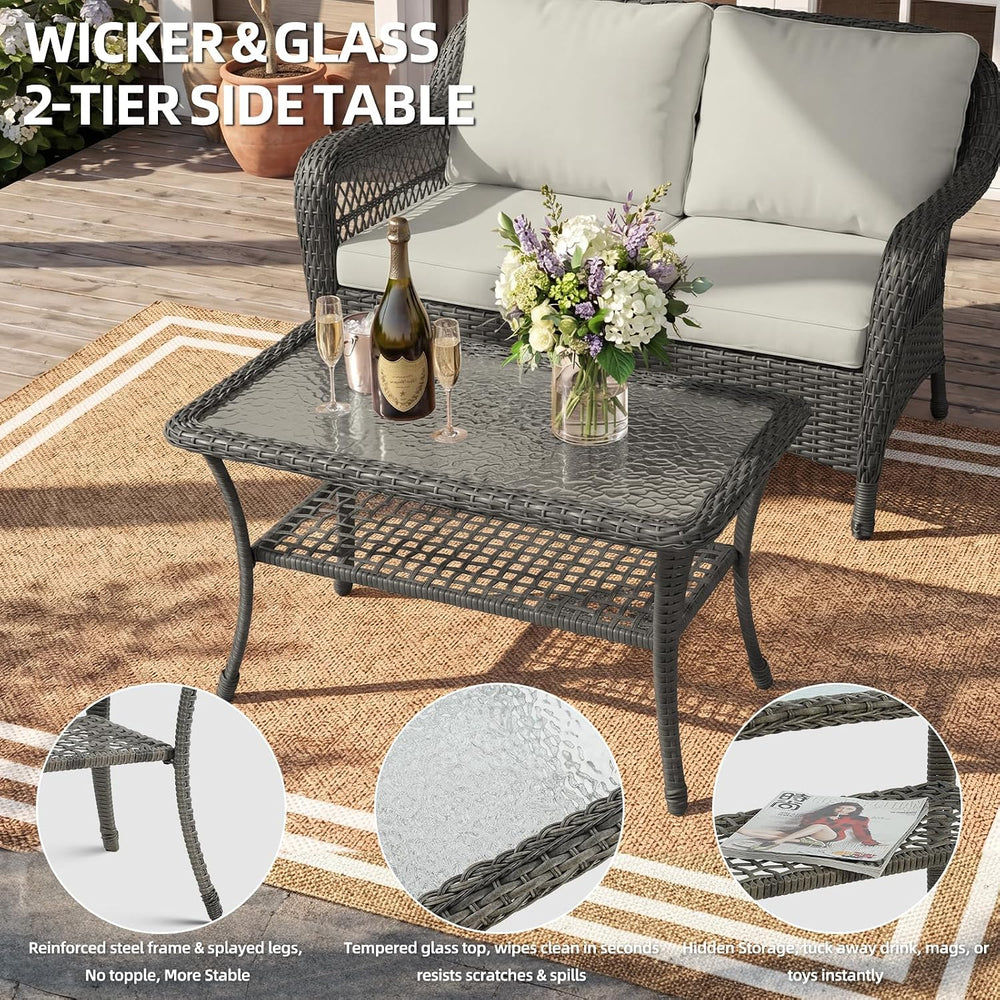 MEETWARM Wicker Patio Coffee Table, 34.5" Rectangle Outdoor Coffee Table...