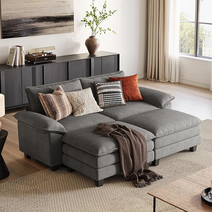 LINSY HOME Modular Sectional Sofa - 90 Inch Oversized Corduroy Cloud Couch with Movable Ottoman Soft Modern Comfy Sofa Set for Living Room Apartment Office, Grey