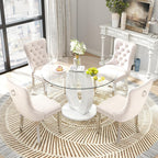 RGZ 39'' Modern Luxury Glass Round Dining Table for 4-6, Clear Circle Glass Top Kitchen Table with White MDF Base, Small Circular Minimalist Apartment Dinner Table for Home, Living Room, Tea